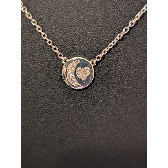 NWT Fine Silver Plated Heart Moon CZ Disc Chain Necklace - Picture 3 of 6